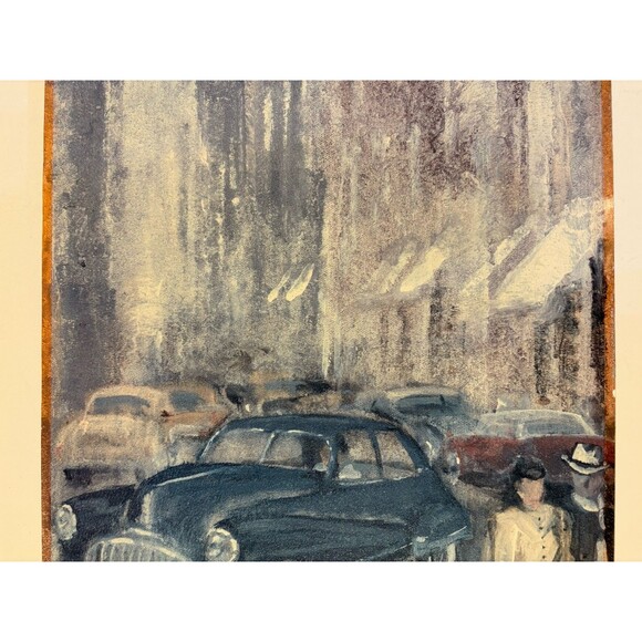 Vintage Mid Century City Street Scene Painting 1950’s Urban Skyline Signed 12x36 - Picture 5 of 6